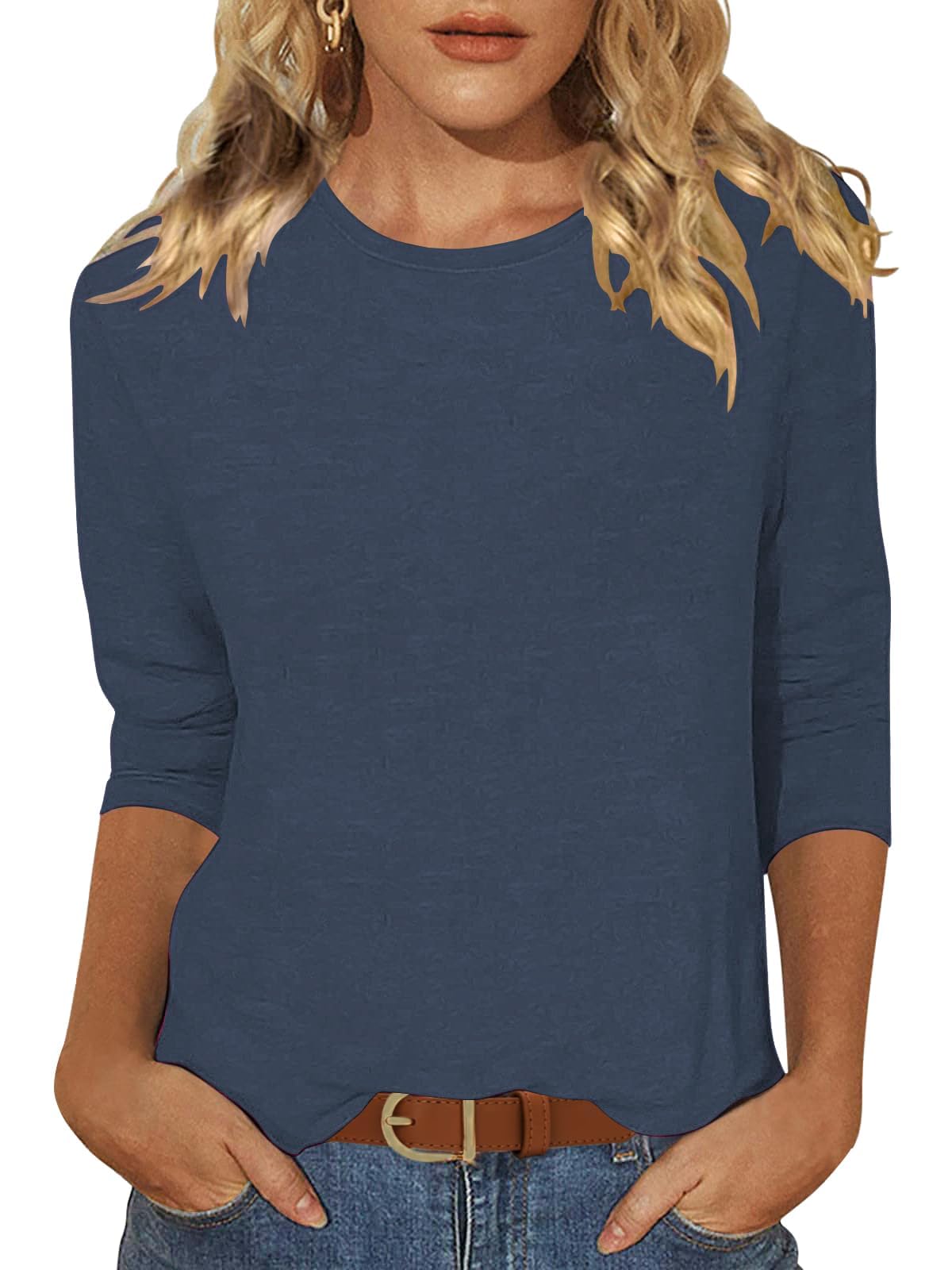 Enqoole T Shirt Damen 3/4 Arm Shirt Locker Rundhals Basic Tshirt Casual Tunika Sommer Einfarbige Blusen