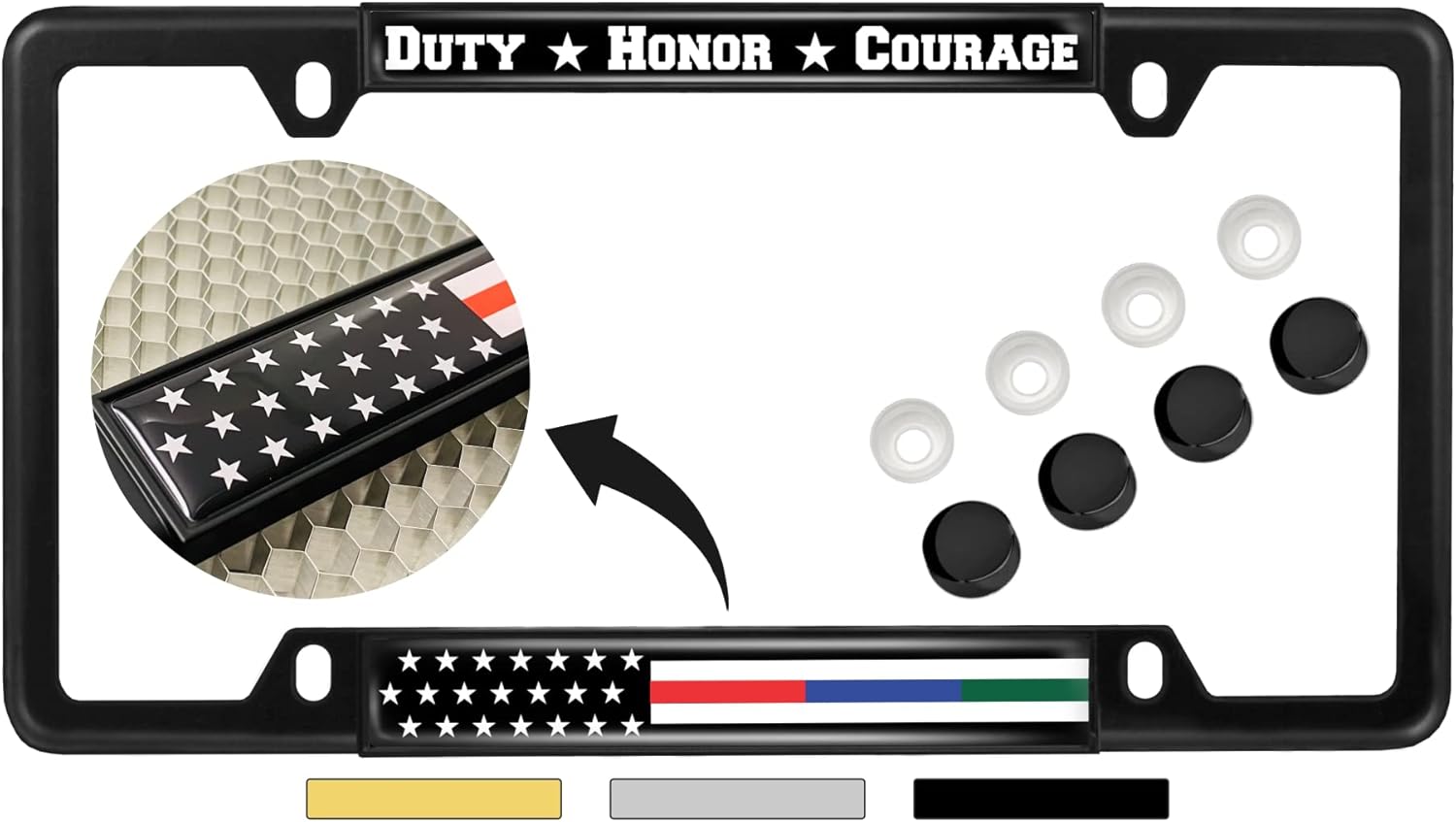 First Responders - Law Enforcement, Police, Military and Fire Thin Line (Stripe) USA American Flag - Domed Narrow Top 4 Hole Metal Car License Plate Frame with Free caps - Black (Quantity: 1 Frame)