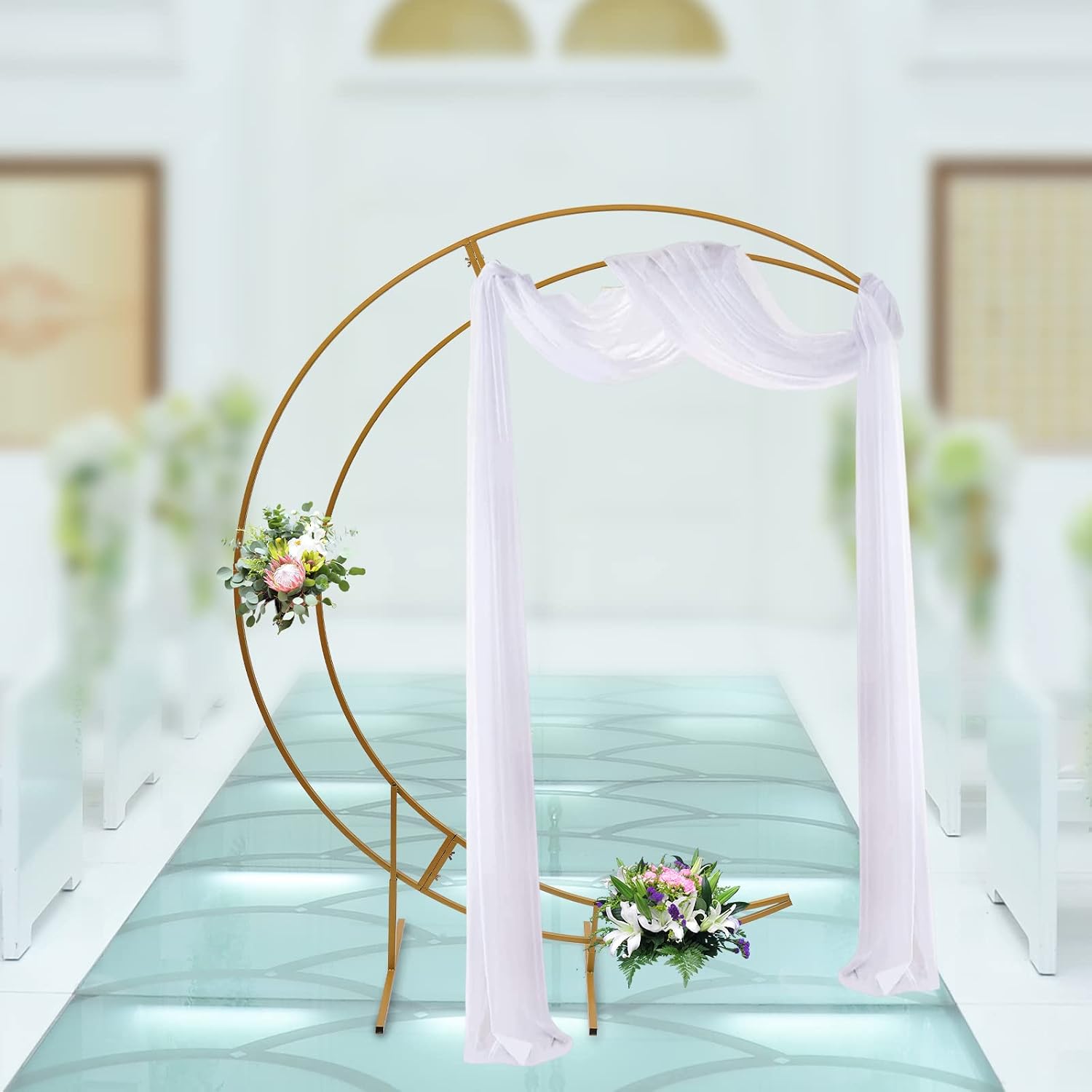 DYRABREST 7ft Gold Metal Crescent Moon Wedding Arch Stand, Curved Flower Balloon Frame,Photography Backdrop Stand with Solid Rectangular Base for Wedding,Birthday,Event Decor,Bridal Shower