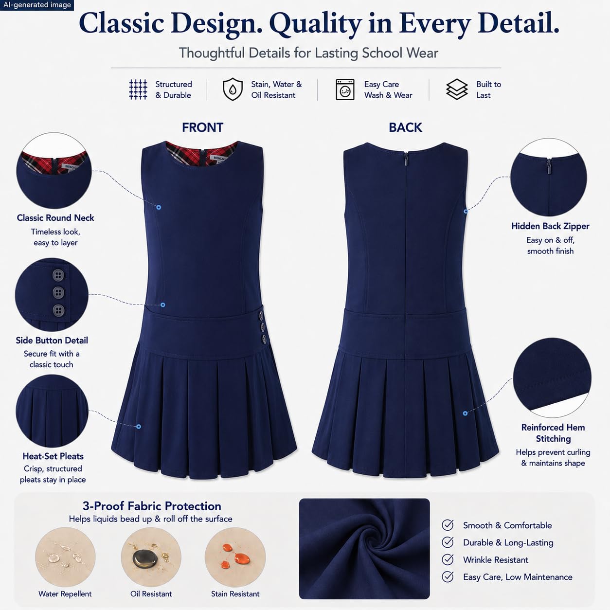 Bienzoe Jersey de uniforme escolar para niñas: vestido sin mangas con dobladillo plisado elástico para niños