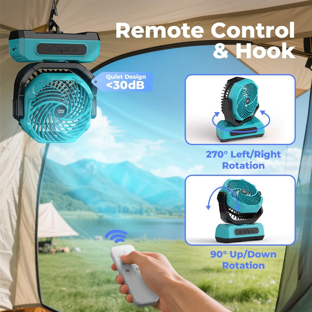 30000mAh Portable Camping Fan with RGB Lantern, Rechargeable Battery Powered Oscillating 4 Wind Speeds LED Display, Remote Control Timer Tent Beach Cordless USB Fans for Travel Home Outdoor, Blue