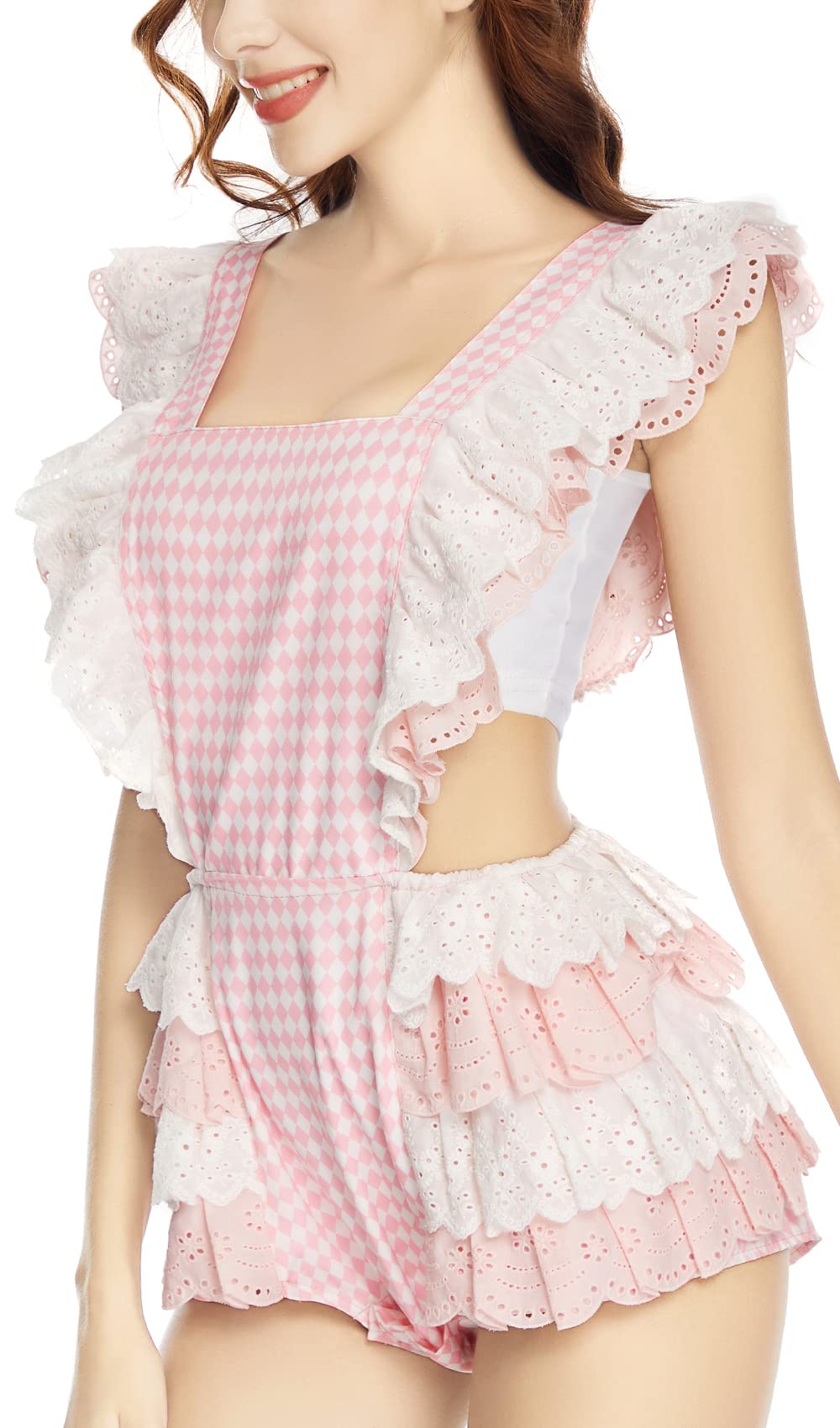 CutiePlusU Cotton Button Crotch Bodysuit Onesie Pajamas- Lace Diamond Check Overalls