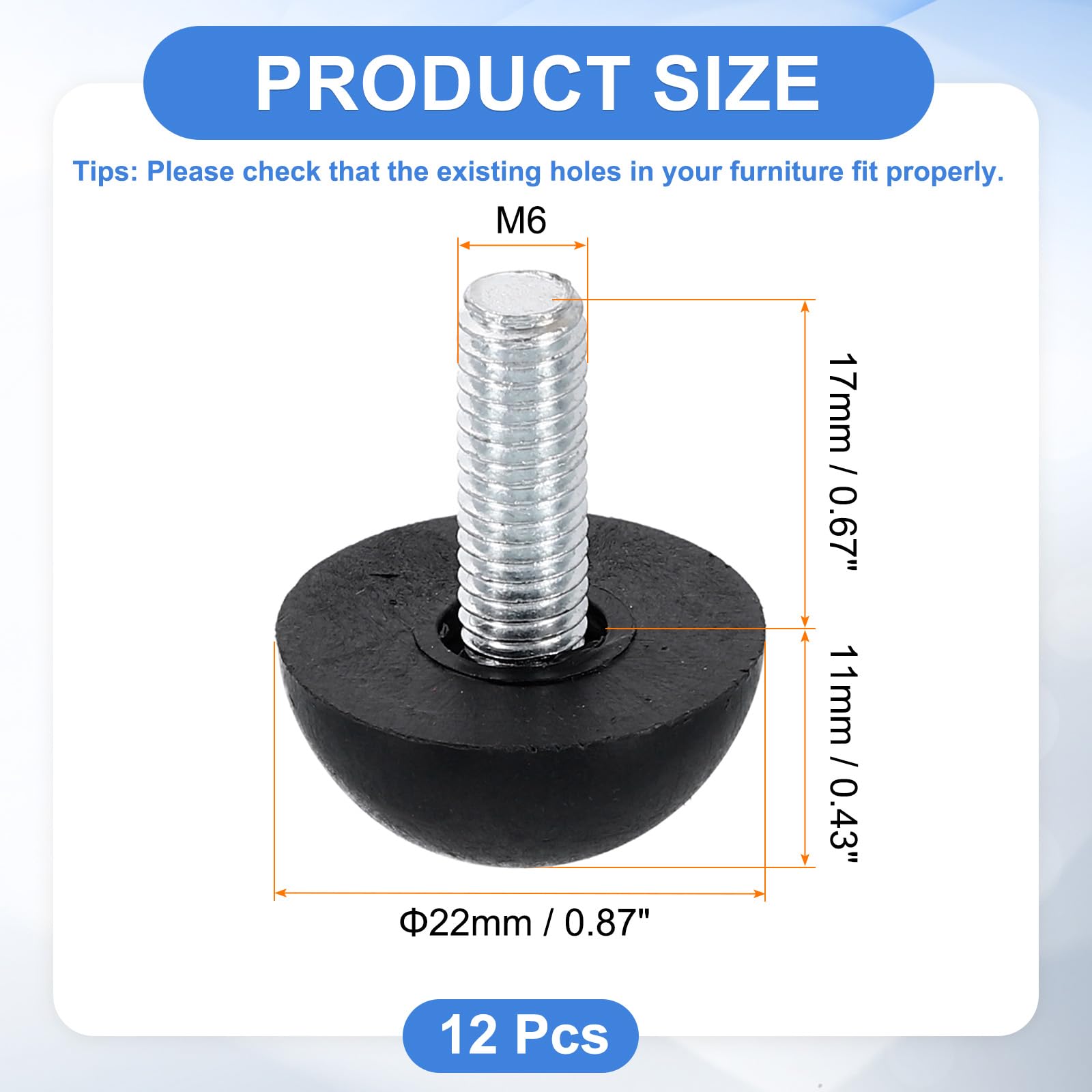 sourcing map Möbelfüße mit M6-Gewinde, 22 x 17 mm, verstellbare Nivelliertischfüße, zum Anschrauben, Möbelgleiter, Nivellierung für Stuhlhockerbeine, Schwarz, 12 Stück