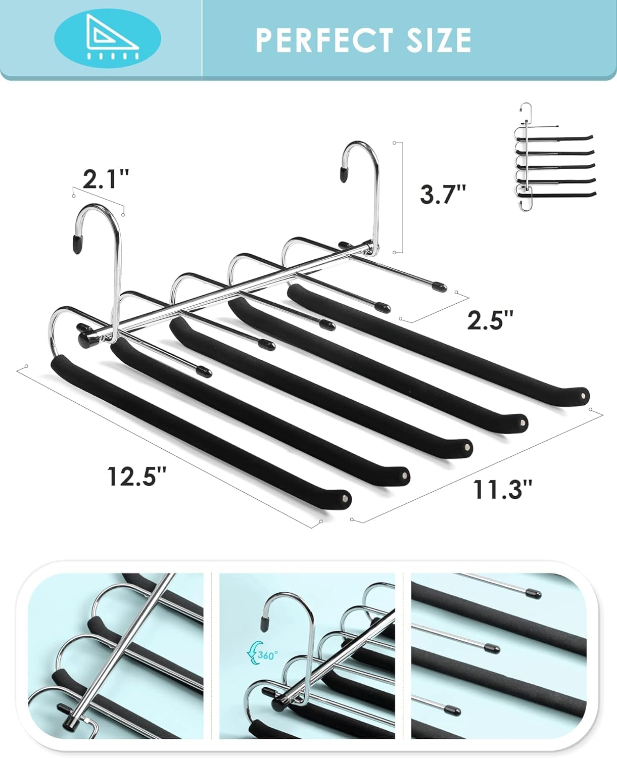 Paquete de 3 perchas para pantalones que ahorran espacio, perchas antideslizantes mejoradas con brazos oscilantes acolchados de espuma, organizador de armario de múltiples capas y almacenamiento para