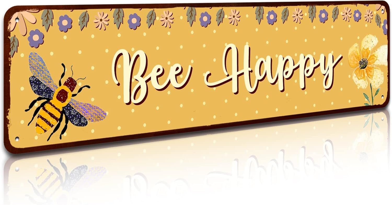Bee Happy Sign, Bee Garden Decor Metal Tin Signs Bees Kitchen Wall Decor Outdoor Beehive Decoration Bee Hive Classroom Decor 4 x 16 Inch