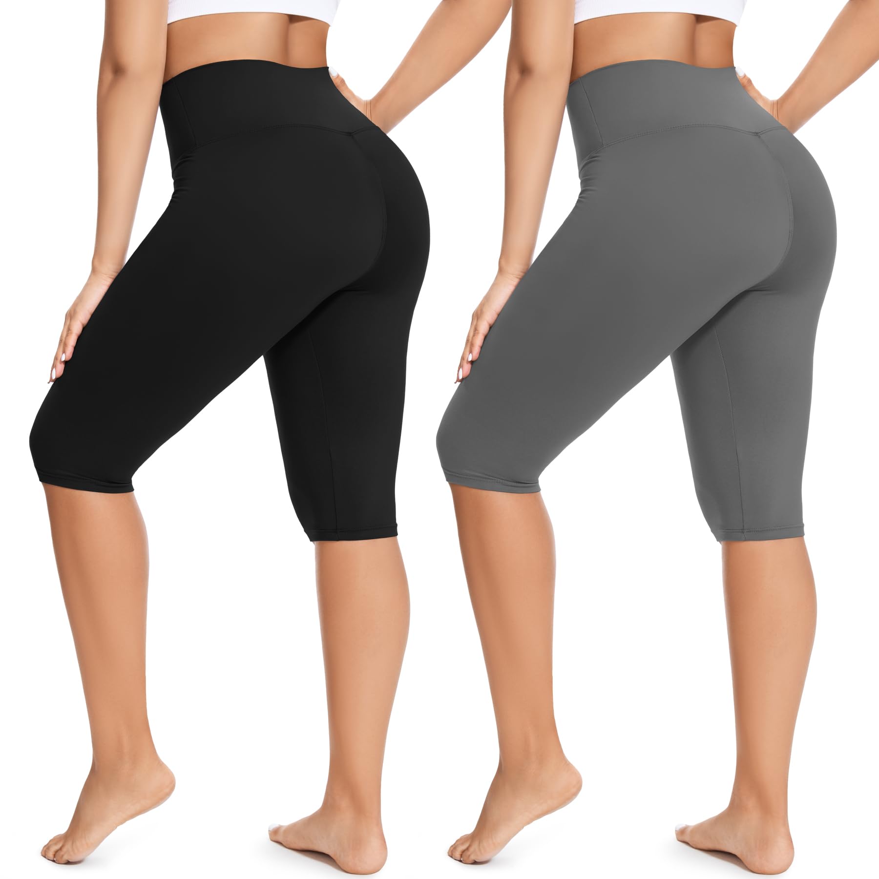 FULLSOFT 2 Pack Women's Capri Leggings - High Waisted Knee Length Capris Yoga Pants for Summer Casual Workout
