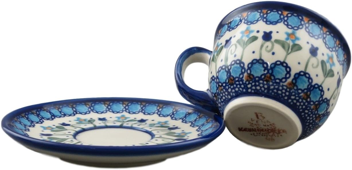 Boleslawiec Style Pottery Hand Painted Polish Ceramic Vika Cup with a saucer 033-U-006