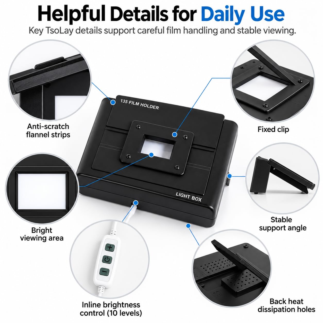 TsoLay Scanner Portatile per Pellicole con Luce LED Dimmerabile per Diapositive E Pellicole 135, 120 E 4x5, con Visualizzatore di Pellicole Alimentato Tramite USB E Supporto Pieghevole per La Copia