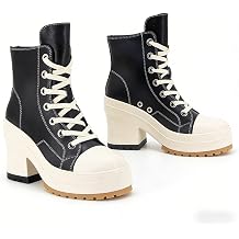 Sporty Ankle-High Lace-Up Shoes for Women Round Toe Platform Block Heel Pumps