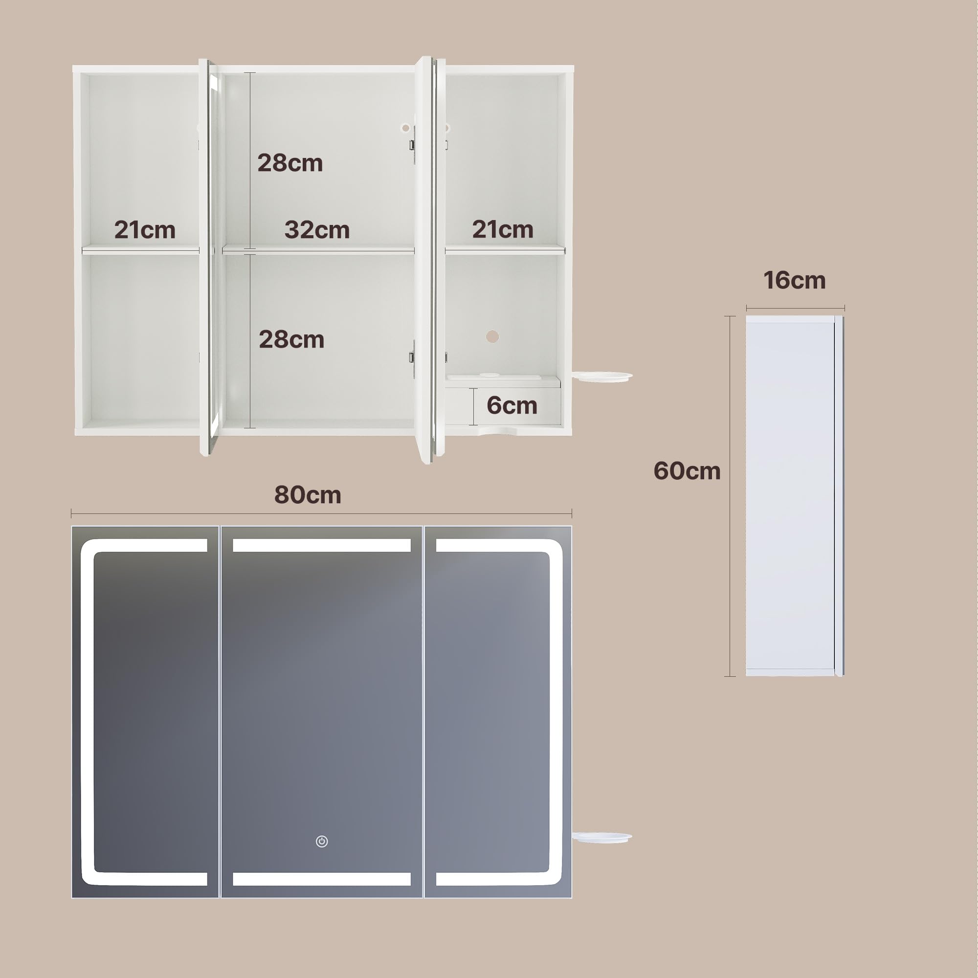 Xbro Armadietto Bagno con Specchio e Luce LED Regolabile, Mobile Bagno con Presa e Ripiano Laterale, Specchio Bagno Contenitore Sospeso per Spazi Compatti 80x16x60 cm