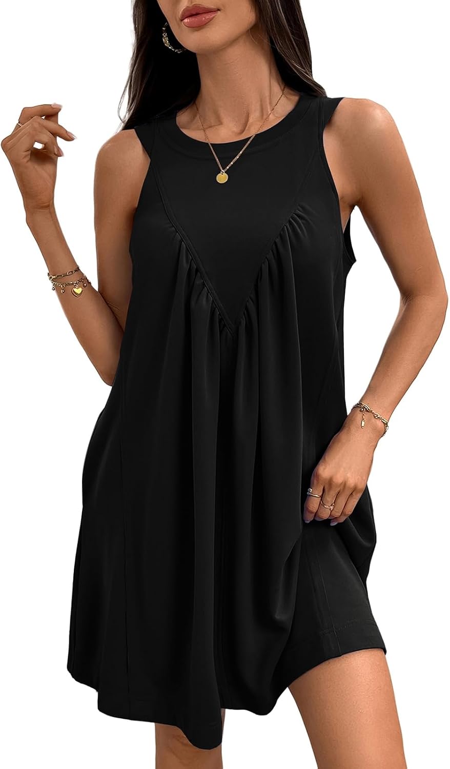 ALSOGO Women's Sleeveless Mini Dress Casual Loose Crew Neck Ruffled Tank Sundress Flowy Beach Vacation Dress with Pockets