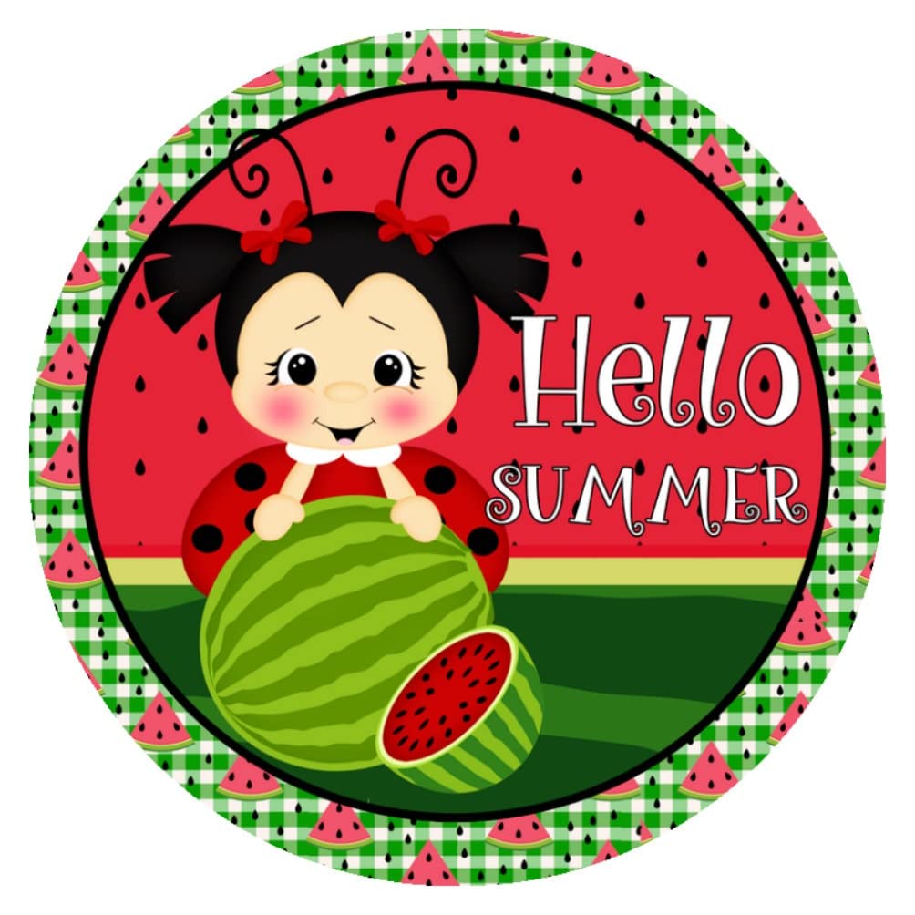 Retro Round Tin Sign 12 X 12 Inches Watermelon Hello Summer Sign Wreath Sign Ladybug Sign Wreath Attachment Funny Wall Decor Nostalgic Arts Decor Waterproof Plate Decoration Home Decor Gifts