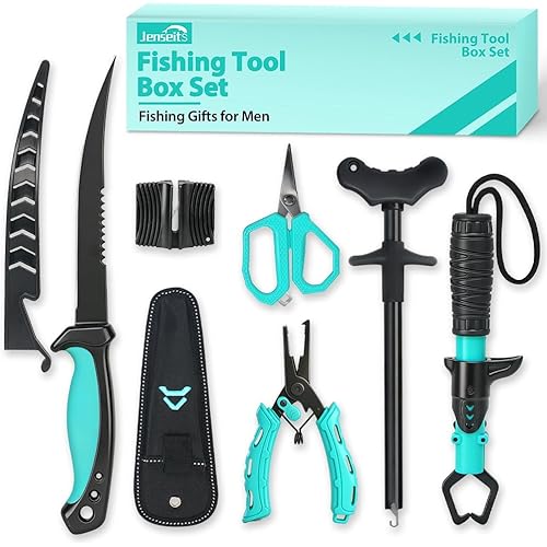 Jenseits Fishing Gear Set, 6PCS Fishing Tools Kit, Fishing Pliers, Corrosion Resistant Fillet Knife, Fish Lip Gripper, Hook Remover, Fishing Scissors & Sharpening Stone, Fishing Gift for Men & Anglers