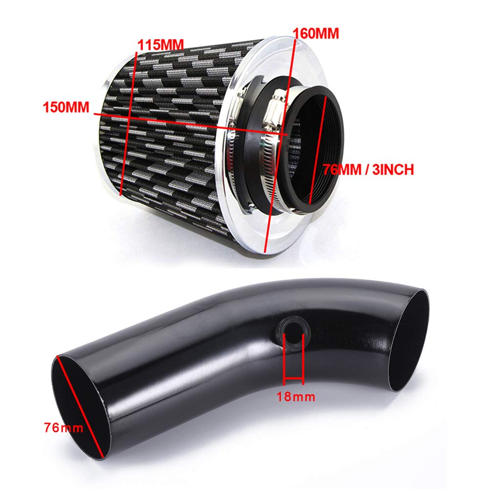 filtr kabinowy 76mm zmodernizowany samochód z grzybkiem na zimę | Filtr Przepływ filtra rury wlotowej Filtr zimnego powietrza Zestaw rur aluminiowych(Black)
