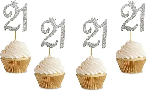 Paquete de 24 adornos para cupcakes con el número 21 pulgadas, con purpurina plateada, fiesta de cumpleaños 21, aniversario, fiesta