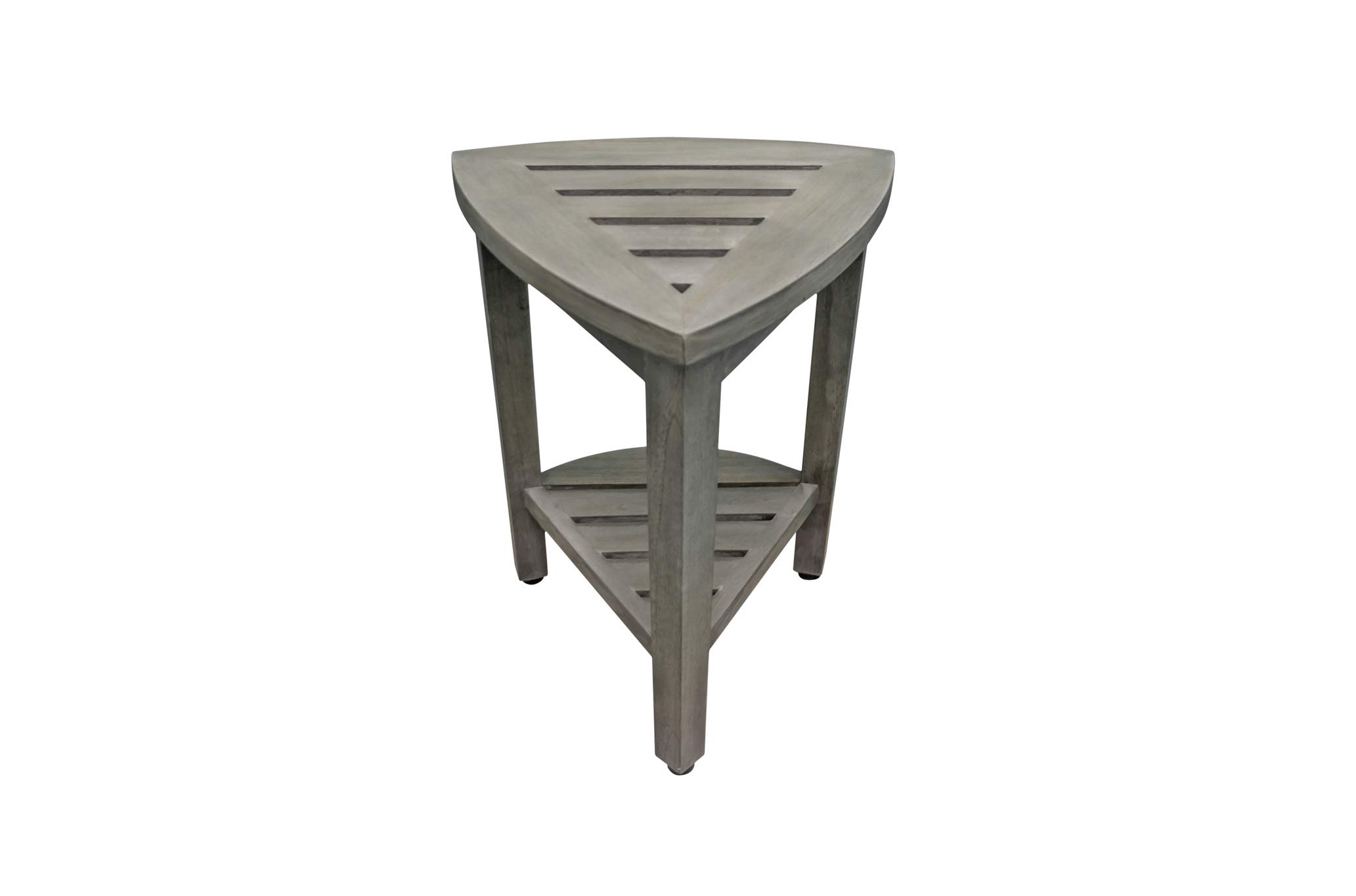 CoastalVogue Flexi Corner - Taburete de esquina de teca para ducha de madera, asiento de ducha de esquina con estante, taburete de esquina de 15 pulgadas en acabado gris antiguo