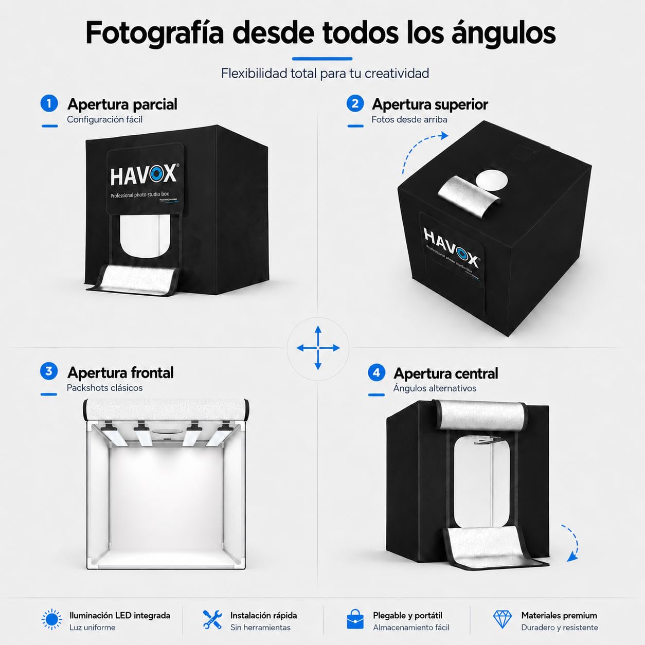 HAVOX Estudio Fotográfico HPB-40XD - 40x40x40cm – Caja de Luz LED 5500K 26000lm – Lightbox Portátil con 4 Paneles Inclinados – Mini Estudio E-Commerce – Fotografía de Producto Amazon, Packshot