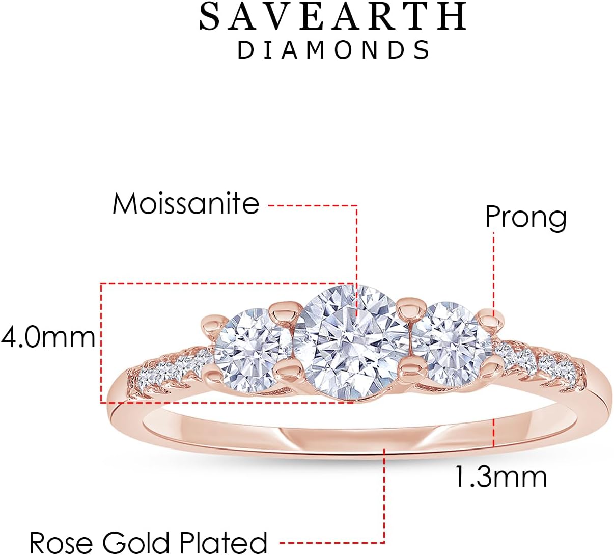 SAVEARTH DIAMONDS 3-Stone Engagement Ring for Women Round Lab Created Moissanite Dainty Promise Ring in 18K Gold Plated Jewelry Gift for Her