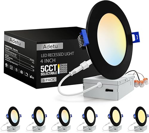 Adetu 6 Pack 4 Inch Black 5CCT Ultra-Thin LED Recessed Ceiling Light with Junction Box,Dimmable Canless Wafer Downlight2700K-5000K Selectable,9W Eqv