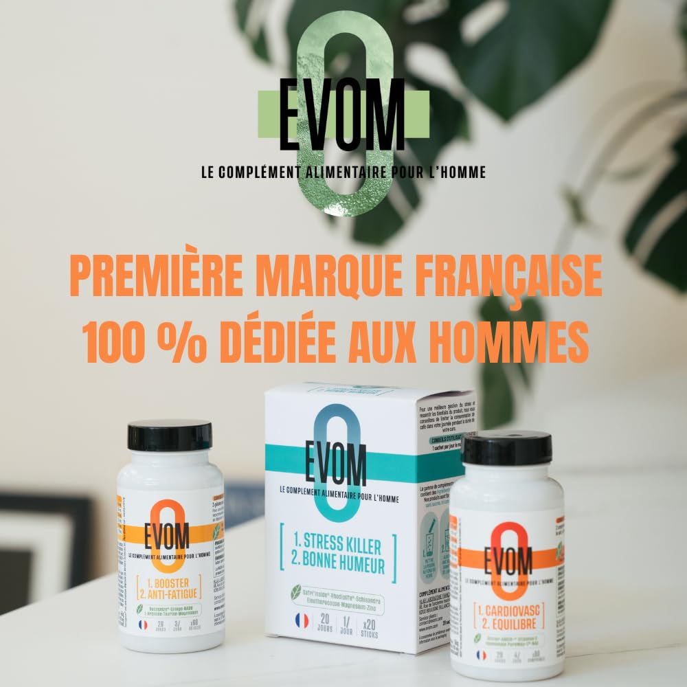Booster Anti Fatigue Homme EVOM - Énergie Physique et Tonus Mental - Magnésium (26% VNR), Bacopa BACOGNIZE®, Ginkgo, NADH, acides aminés – Cure 20 jours – Complément Alimentaire Pour Homme
