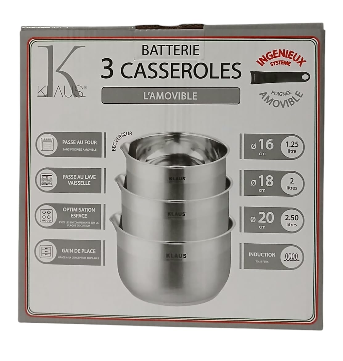 set de 3 casseroles en inox haute qualité- induction & four,poignee Amovible,Cuisson Saine - Diamètres et capacités : 16/18 /20 cm