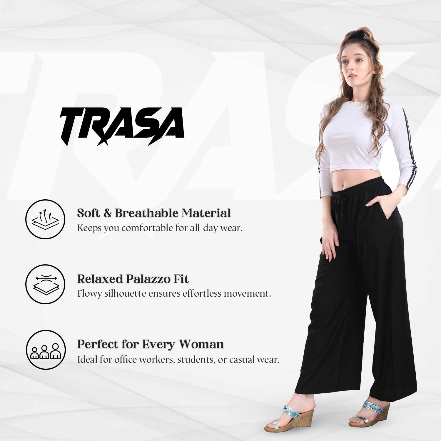 TRASA Ultra Soft Reyon Cotton High Rise Regular and Plus 7 Colour Palazzo for Women's and Girls - Black - 2XL - Image 2 thumbnail