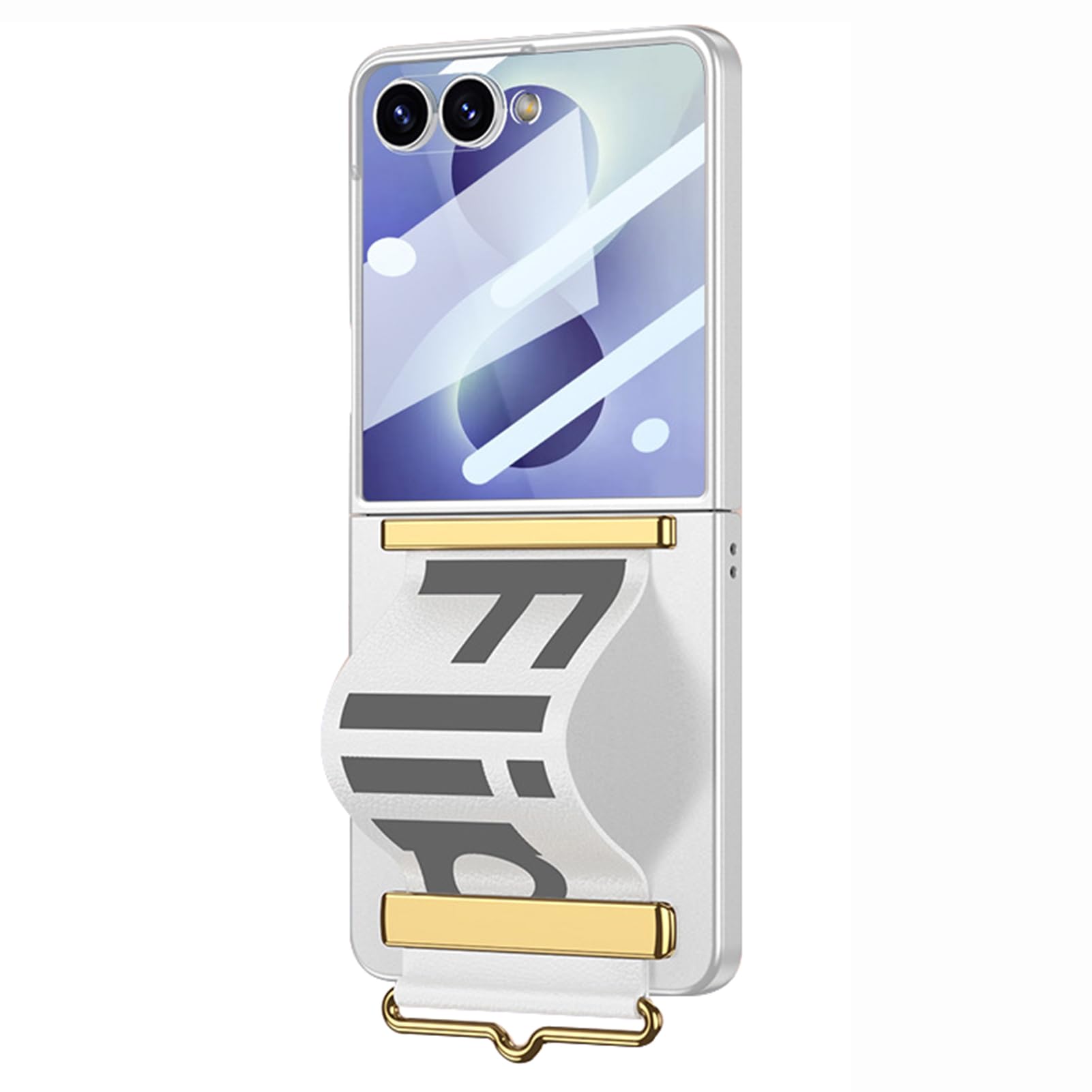 Housse Samsung Galaxy Z Flip 8 blanche avec grand bracelet et film protecteur