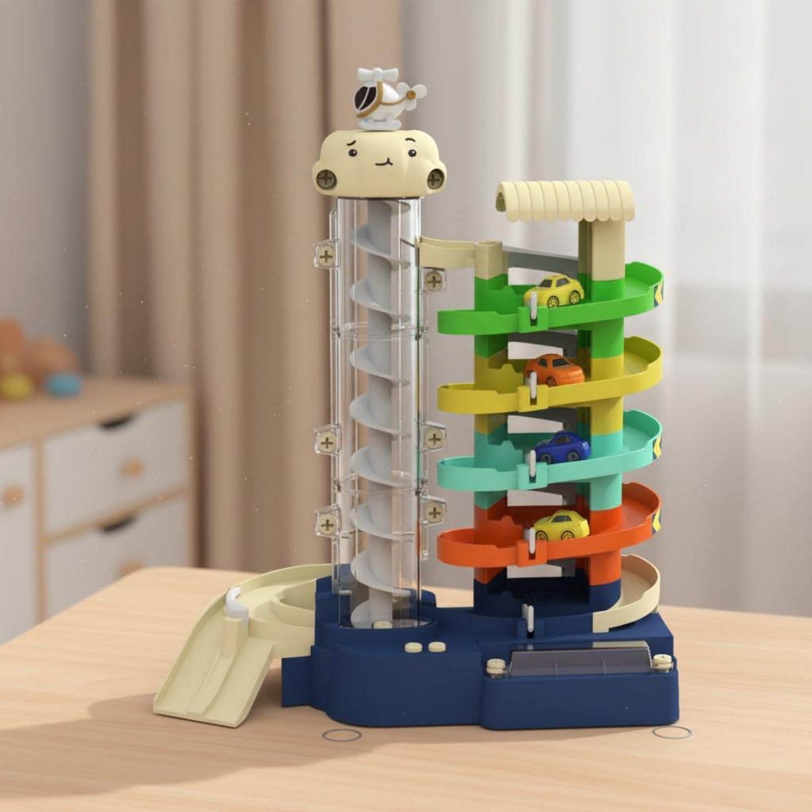 Kinder Parkspiel Garage Spielset Autorennbahn Fahrzeugrampe Parkhaus Elektrolift Elektronik mit Licht Und Musik für Geschenk An Kinder Zuhause Lernspiele, 5-Stöckiges Parkhaus