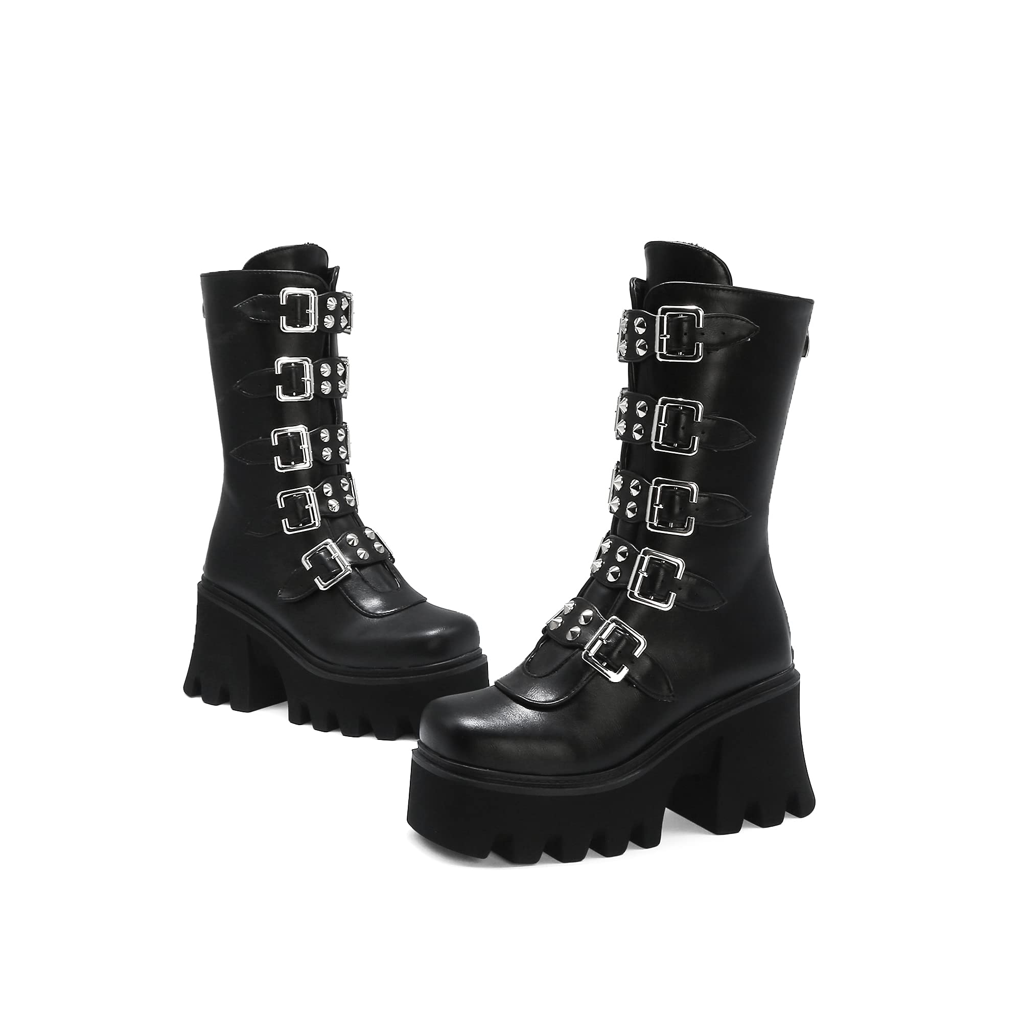 Womens Winter Black Gothic Punk Platform Boots Goth Buckle Zipper Creeper  Wedges Mid Calf Shoes
