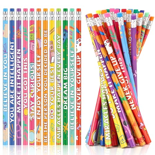 VONTIC 48 Pcs Motivational Pencils for Students, 12 Styles Inspirational Pencils with Erasers Bulk, Colorful Pencil for Classroom Rewards, Gifts for Kids, School Supplies for Girls Boys