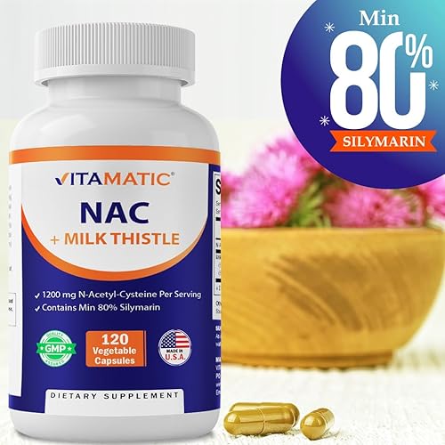 Miniatura 5 de Vitamatic Suplemento NAC N-acetil-L-cisteína (NAC) con extracto 501 de cardo mariano - Apoya la salud inmunológica, respiratoria, hepática, 1200 mg
