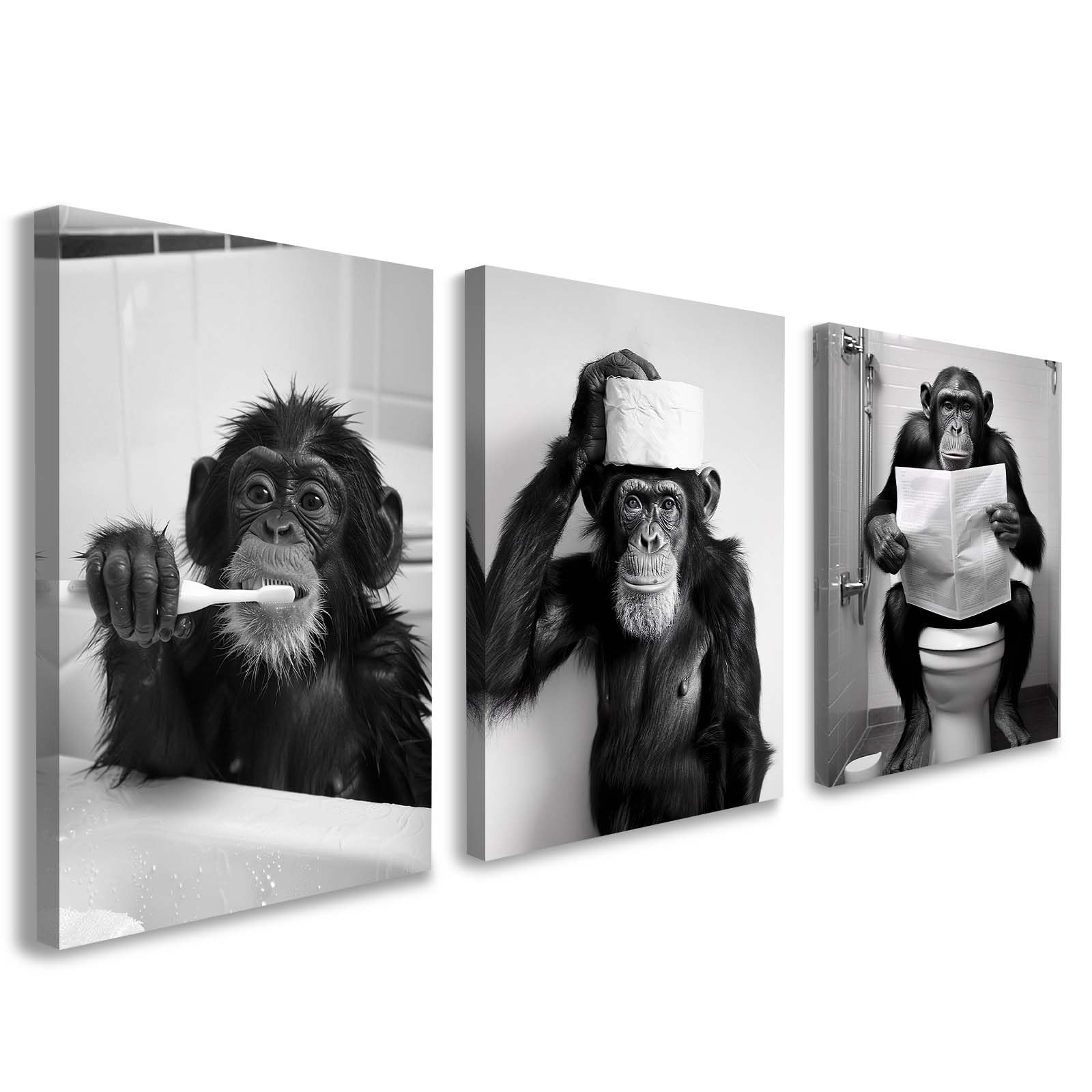 Set of 3 Bathroom Wall Art, Funny Monkey Canvas Wall Decor, Black and White Animal Artwork for Bathroom, Toilet or Powder Room, Humorous Pictures and Prints with Hooks and Magic Tape, 12x16 Inch
