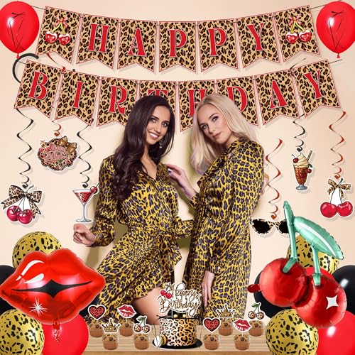 Image of Holkcog Cheetah and Cherry Birthday Decorations,Red Leopard Birthday Banner | Red Black Cheetah and Cherry Print Background, Cherry Cupcake Top, Red Leopard Pattern Party Supply for Girls Women