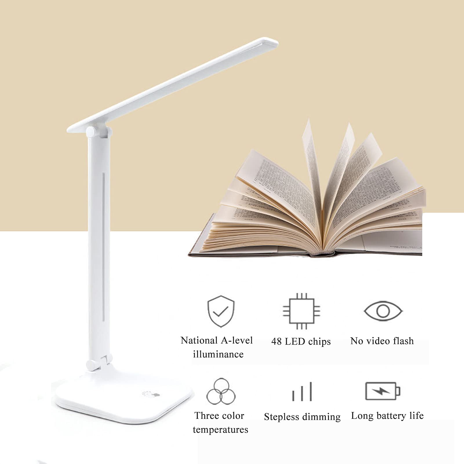 Lampa biurkowa, lampa do sypialni, Biała ściemnialna dioda LED do biura, składane lampy stołowe chroniące wzrok, port ładowania USB, 3 tryby oświetlenia, sterowanie dotykowe - 48 diod LED