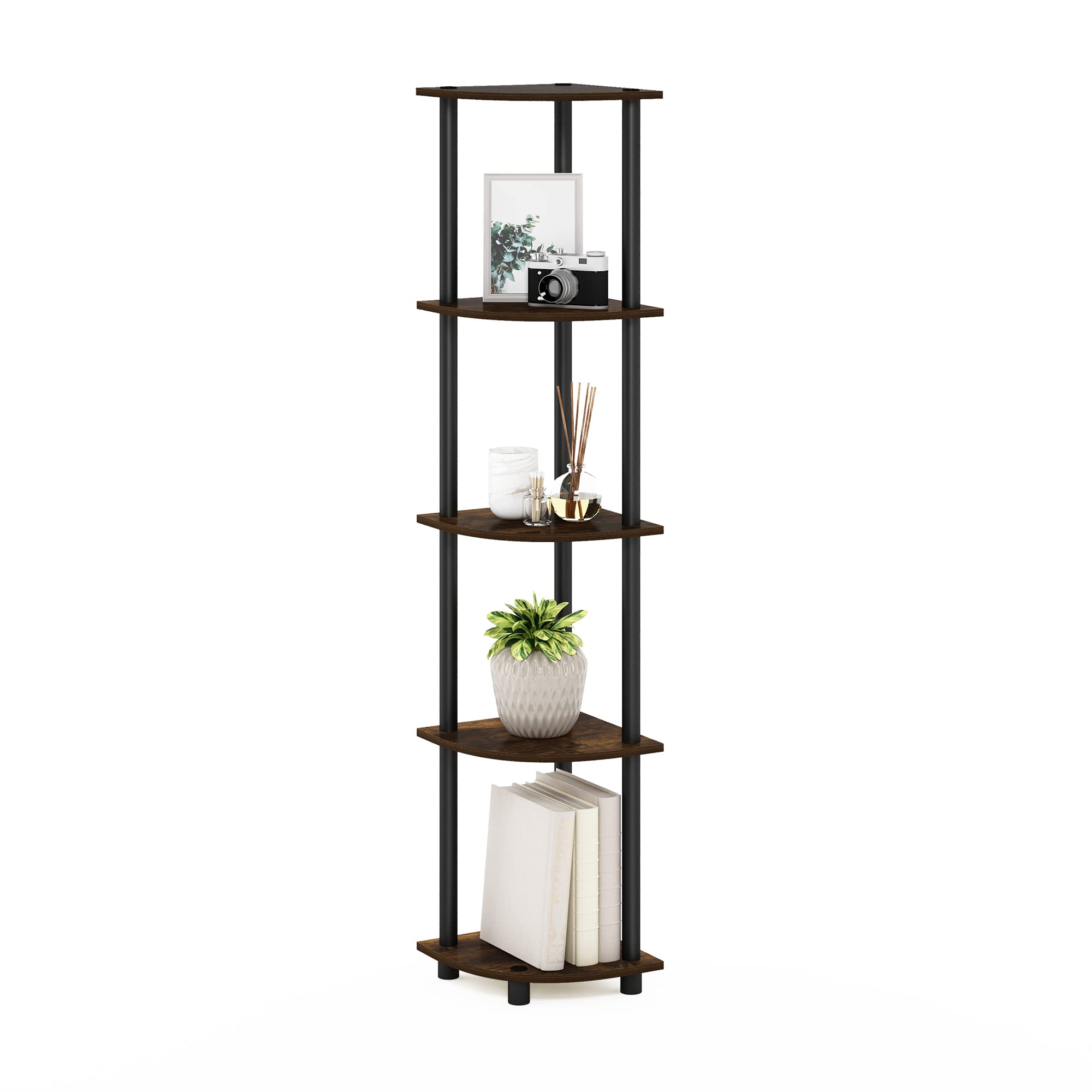 Furinno Turn-N-Tube 5 Tier Corner Display Rack Multipurpose Shelving Unit, Amber Pine/Black