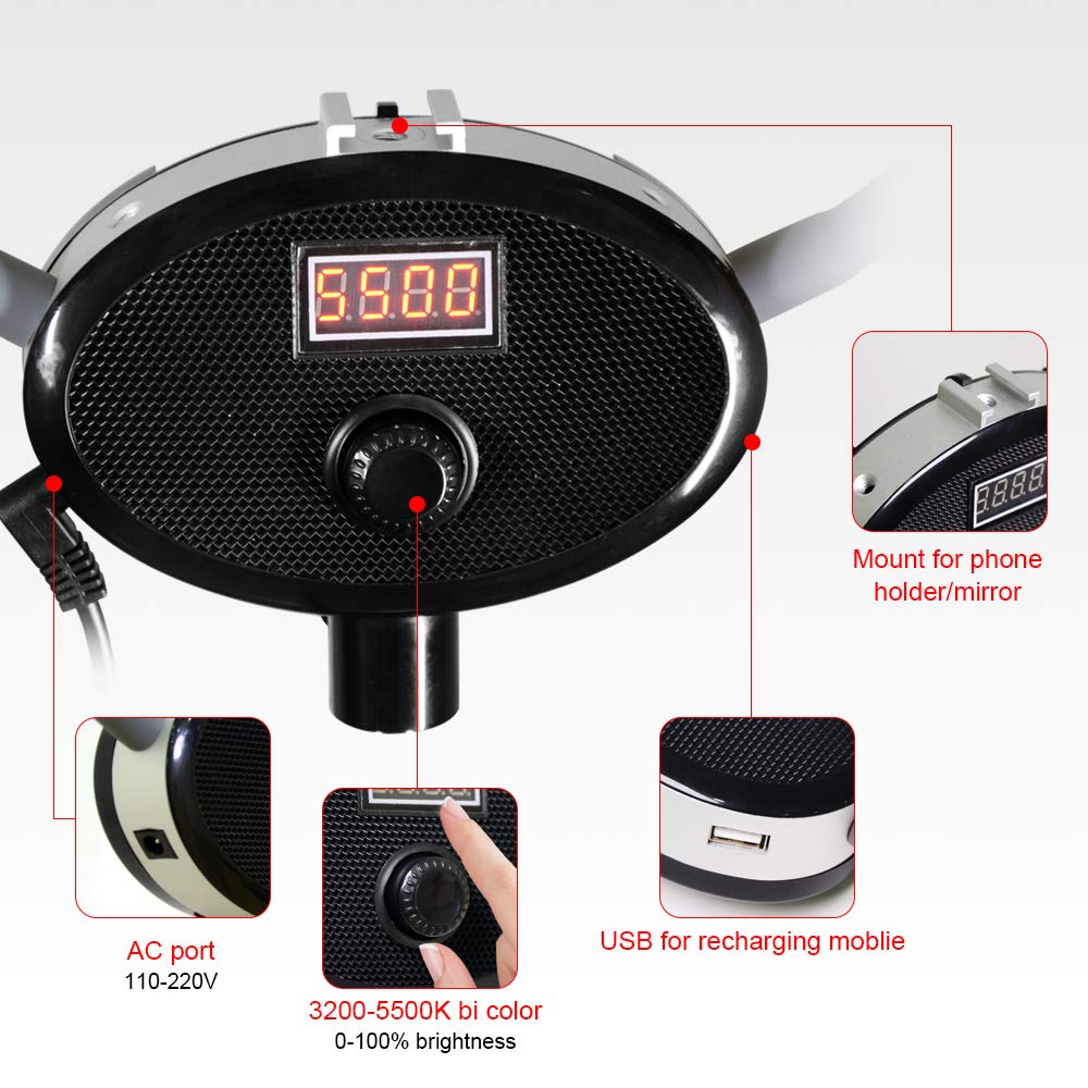 FX-480ii Pieghevole 50W 3200K-5500K LED Video Studio Dual Arms Fill Ring Light con Porta di Ricarica USB, 200cm Treppiedi lunghi per telefono fotocamera Youtube Trucco