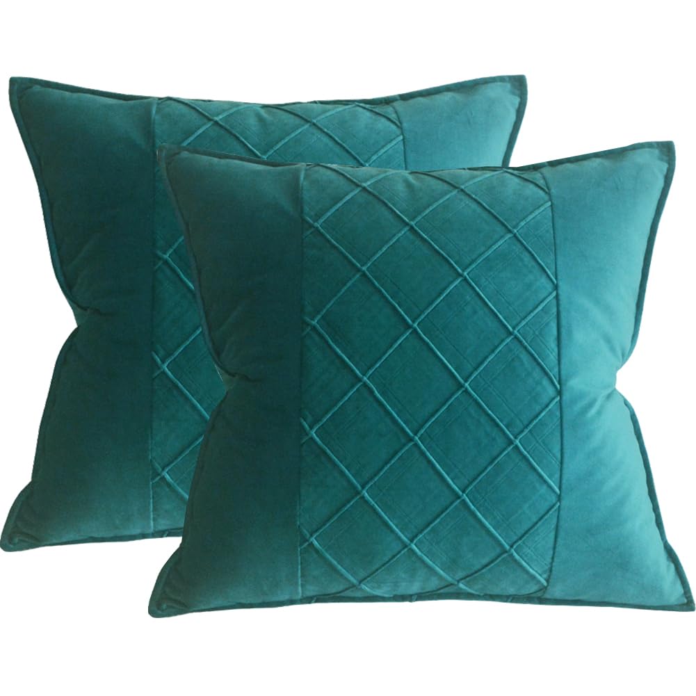 Lutanky Patchwork Design Velvet Cushion Covers 18x18inch Peacock Green Decorative Square Throw Pillow Covers for Sofa Bedroom Home Accessories 45x45cm Soft Pillow Cases Set of 2