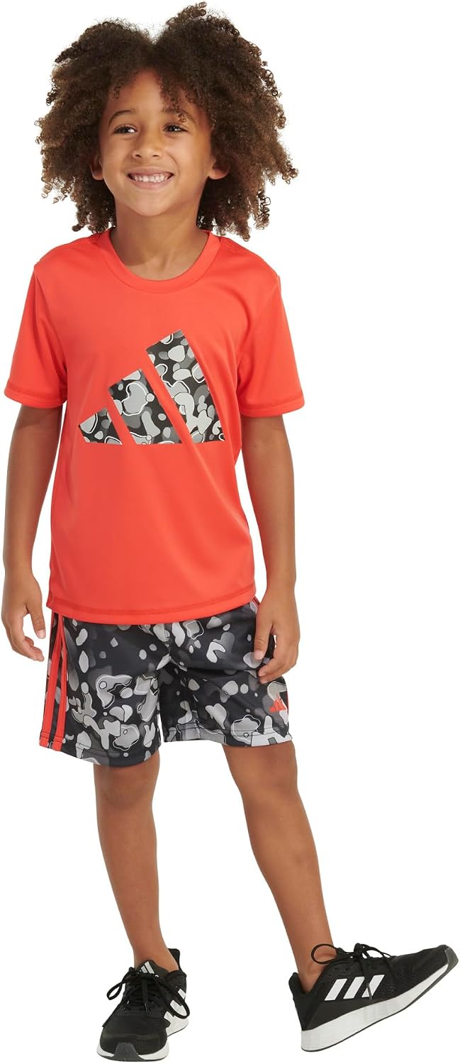 adidas Boys' Short Sleeve T-Shirt and Shorts 2-Piece Set, Bright Red and Black, 4