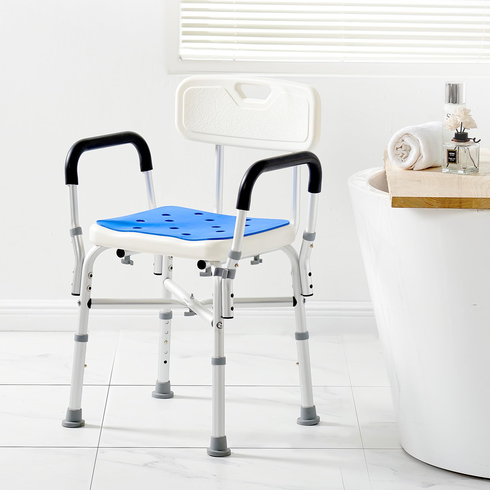 VEVOR Silla de Ducha Antideslizante Asiento de Ducha Carga de 181,4 kg con Barra Transversal Silla de Baño Altura Ajustable para Bañera de Ducha Interior para Ancianos, Mujeres Embarazadas, Azul