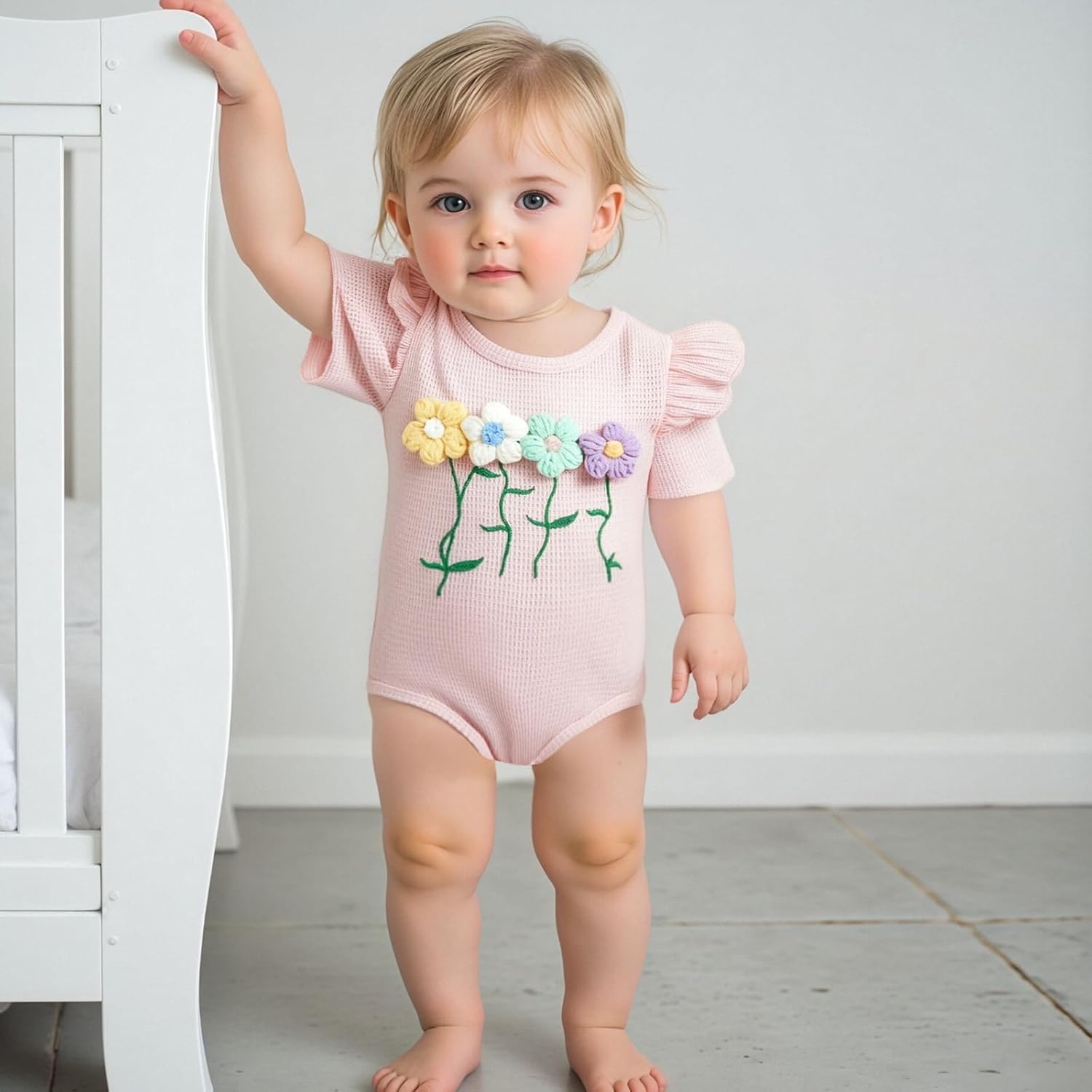 Newborn 3 6 12 18 Months Baby Girl Romper Summer Clothes Waffes Outfit 3D Flower Onesie Bodysuit Infant Girl Clothes - Image 3