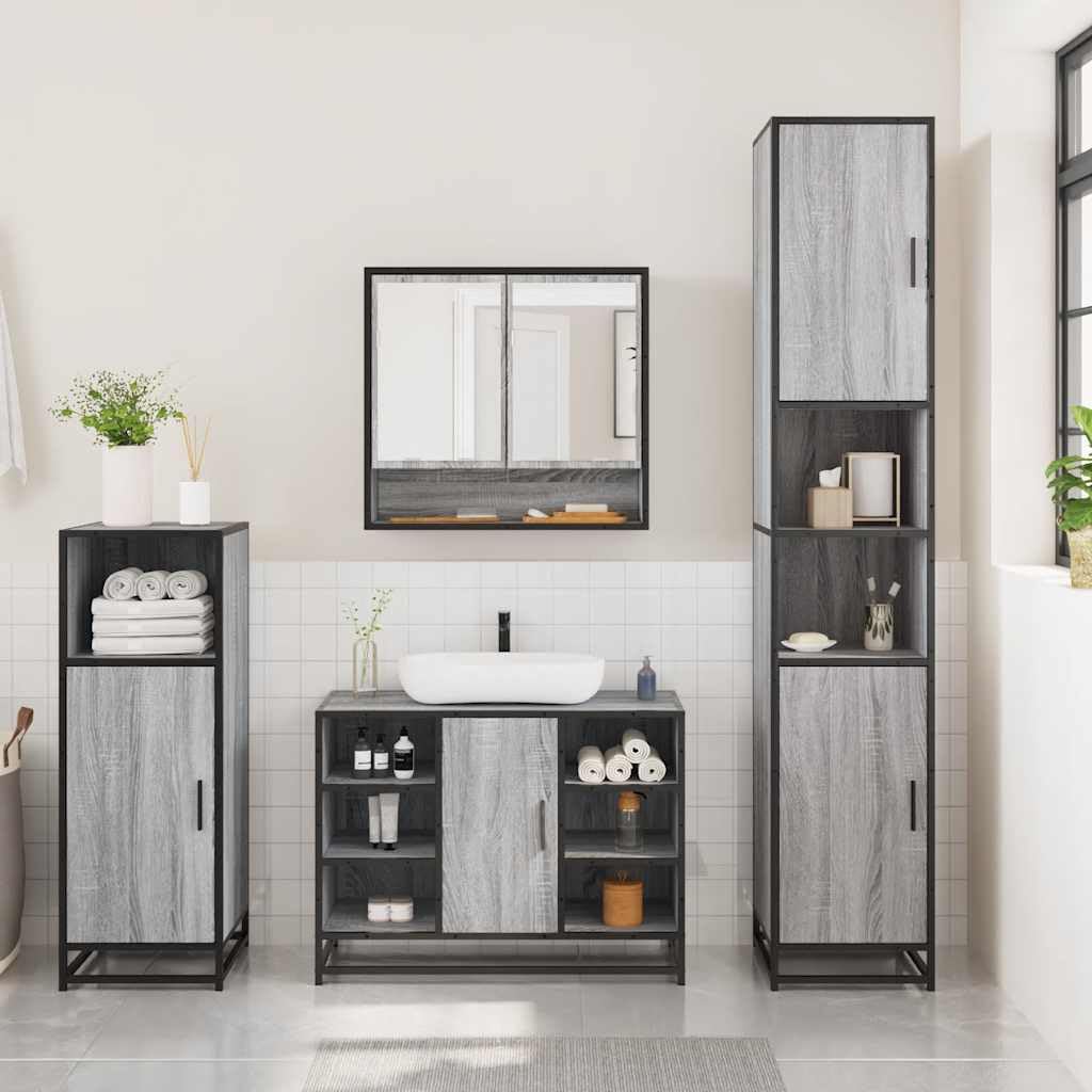 3-TLG. Badmöbel-Set Holzwerkstoff Grau Sonoma Metallrahmen