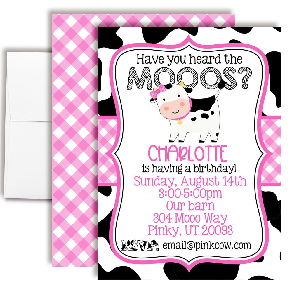 Pink Cow Birthday Invites Custom Birthday Invitations 20 5x7 Custom Pink Cow Birthday Invitation Cards With Envelopes - Unique Pink Cow Themed Birthday Invitations for Girls