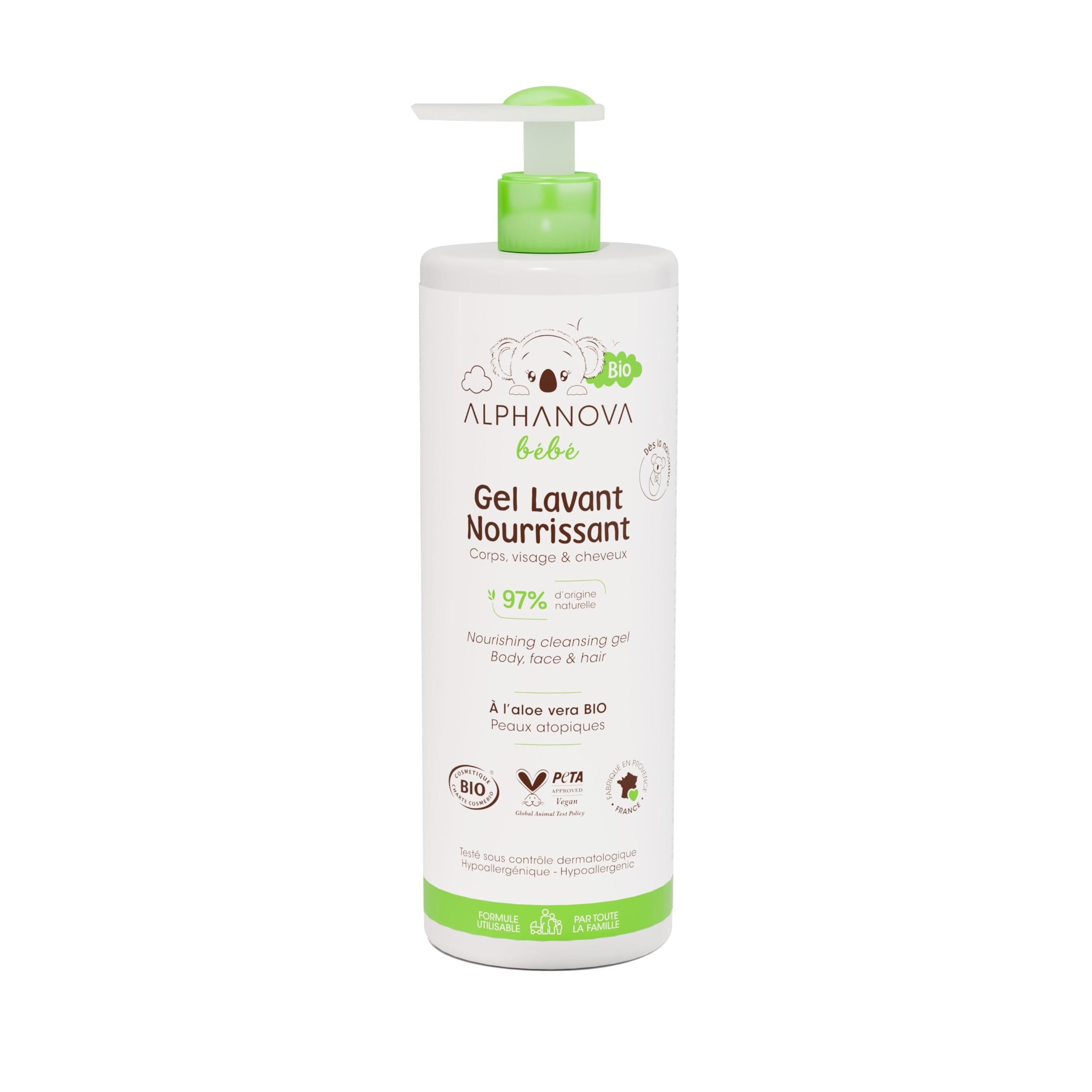 ALPHANOVA Bébé Gel de lavado natural y orgánico* – Cuerpo, cara y cabello – Especial para pieles sensibles, reactivas o secas – Certificado orgánico – Sin perfume – 400 ml