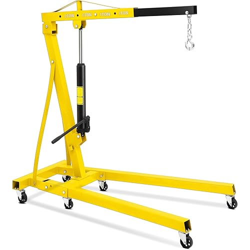 2 Ton Engine Hoist, Hydraulic Cherry Picker Engine Hoist Lift, 4400LBS Heavy Duty Crane Lifter with 6 Casters and Telescopic Boom, Foldable & Portable Design, for Garage, Workshop, Warehouse (Yellow)