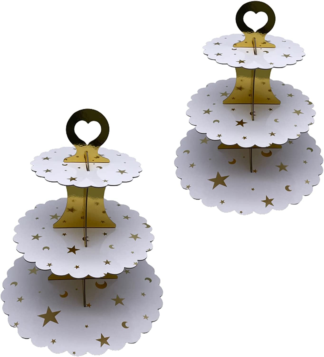 KINMRISPack of 2 Silver Cardboard Cake Stands, 3 Tier Serving Stand, Muffin Stand, Cupcake Stand for Birthday Party, Coffee Table, Wedding, Baby Showers (I-Golden Stars and Moon)