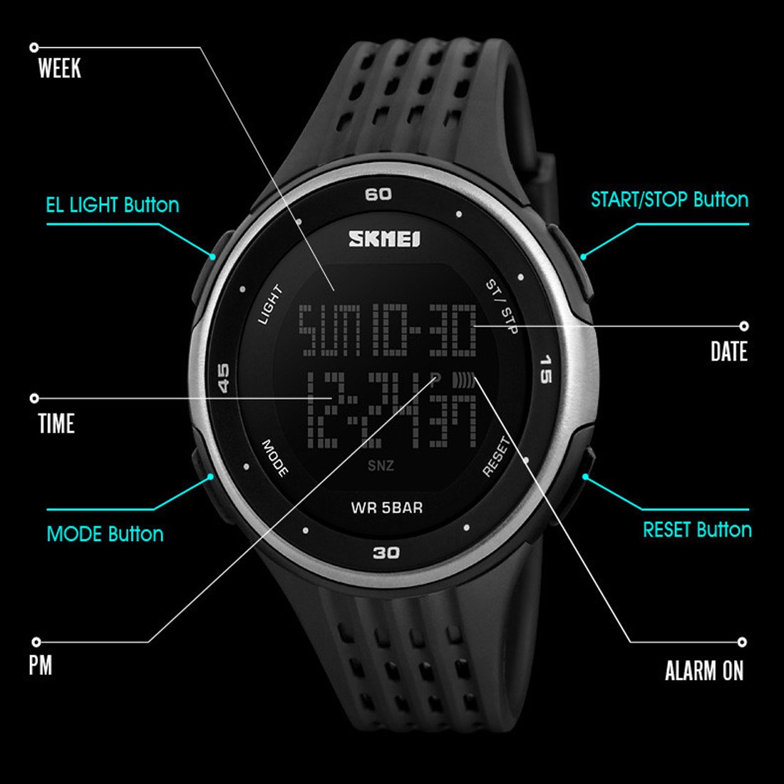 Diagram of SKMEI 1219 Digital Watch buttons and display features.
