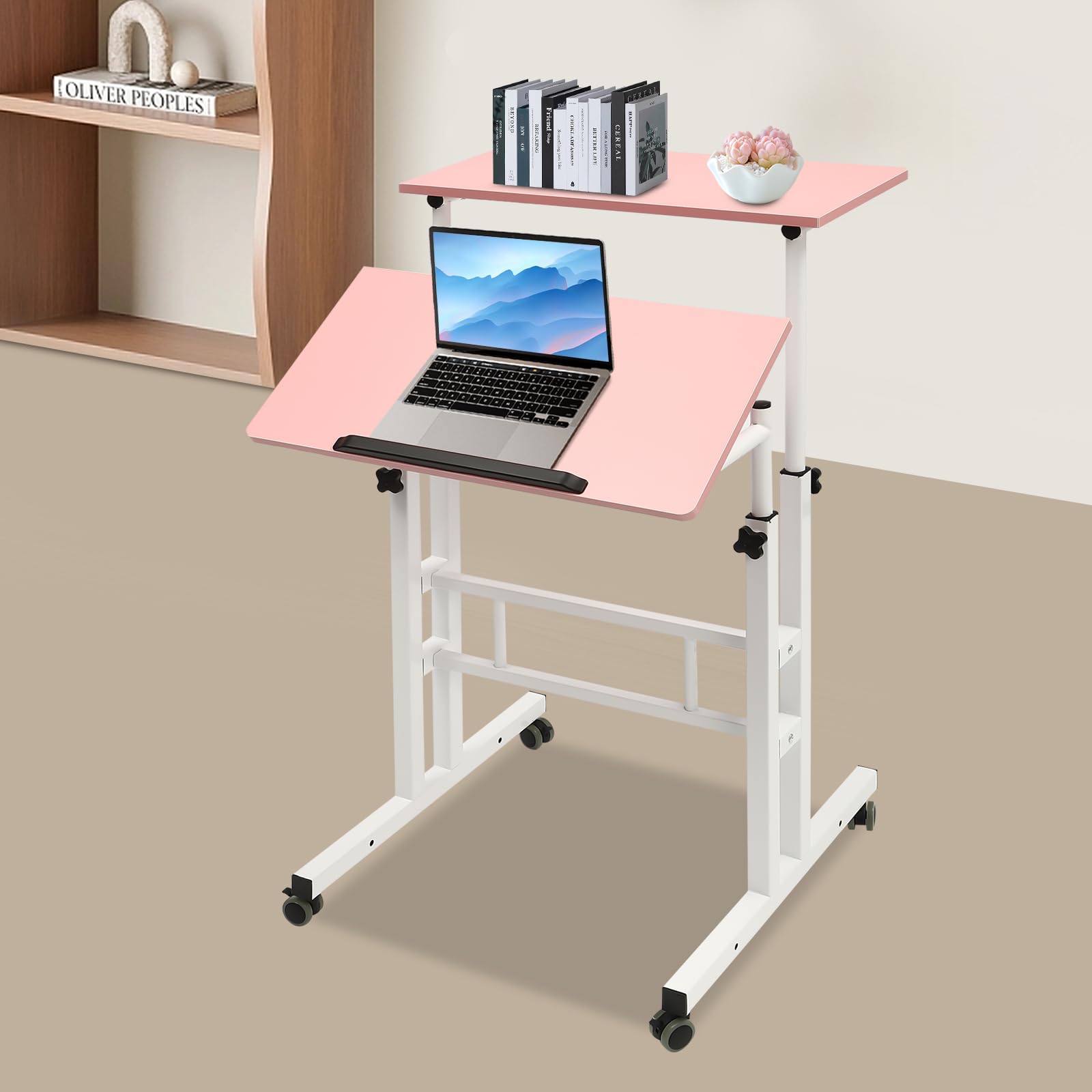 Height Adjustable Table Small Adjustable Standing Desk with Wheels Home Office Workstation Portable Rolling Desk Laptop Cart for — view 4