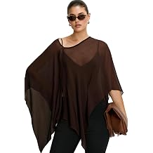 Womens Chiffon Capelet Shawl Tops Lightweight Sheer Poncho Asymmetrical | Soft Off Shoulder Cape Sleeves Semi See Through Mesh Poncho Top