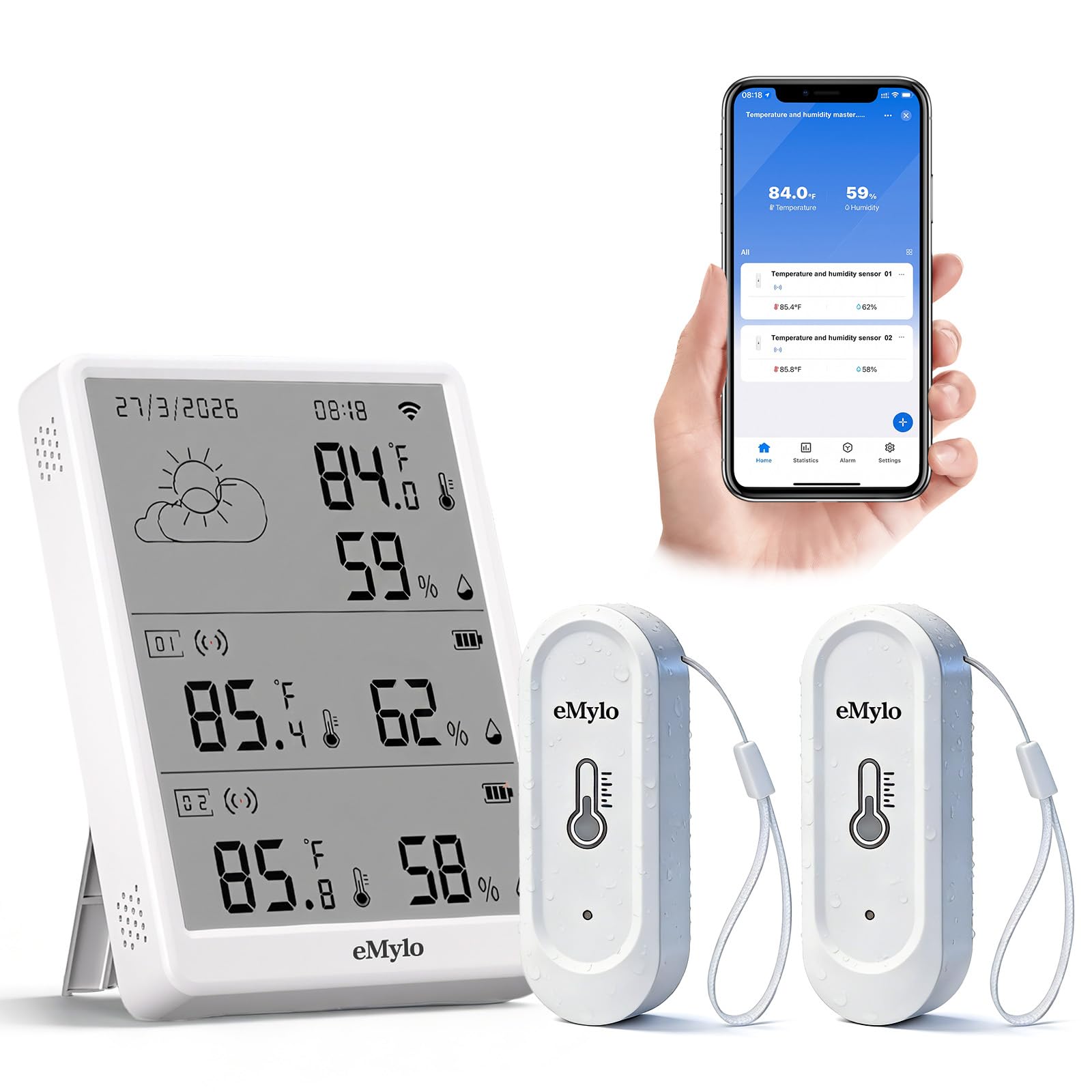 Photo 1 of eMylo WiFi Thermometer Hygrometer 3 Pack, Smart Digital Indoor Temperature Humidity Monitor 328Ft Rang with 2 IP65 Outdoor Wireless Sensors, App Alerts, Free Data Storage Export, for Home, Greenhouse