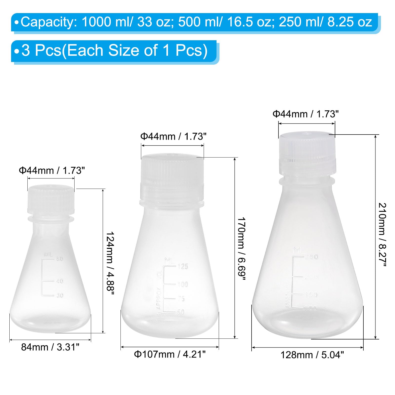 PATIKIL Matraz Erlenmeyer 3 Pcs 50Ml 125Ml 250Ml Matraces Graduados de Boca Estrecha con Tapa de Rosca Matraces de Plástico con Graduación Impresa para Laboratorio Experimentos
